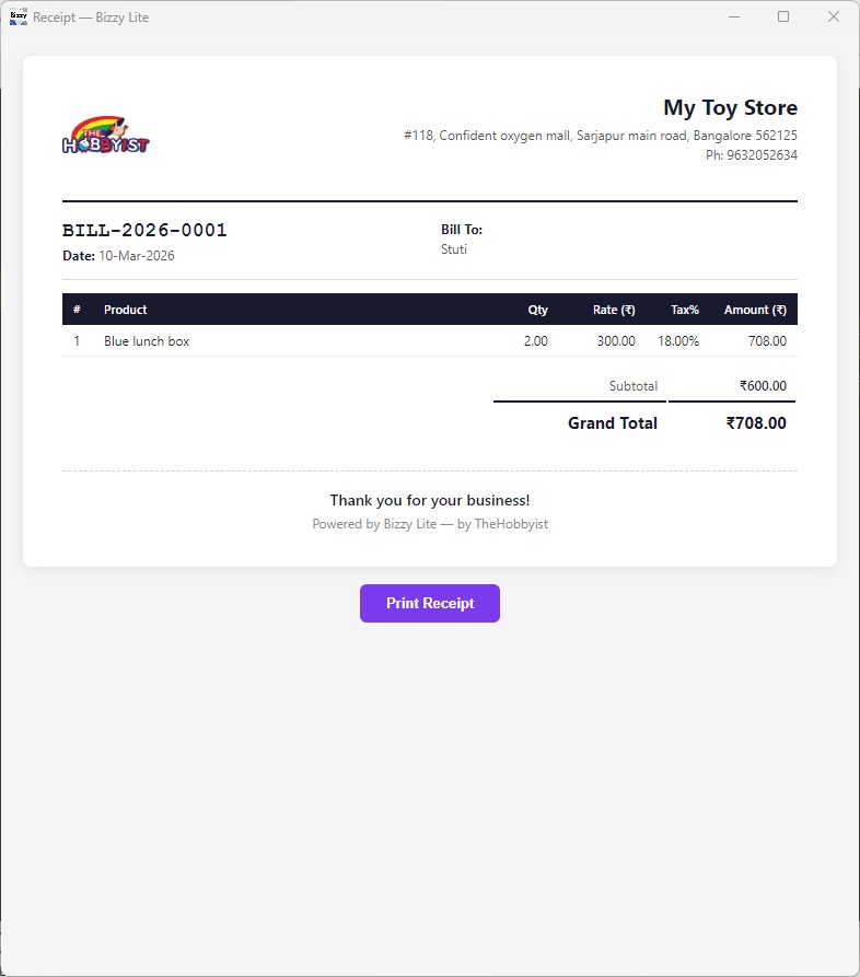 Printing a receipt in Bizzy Lite